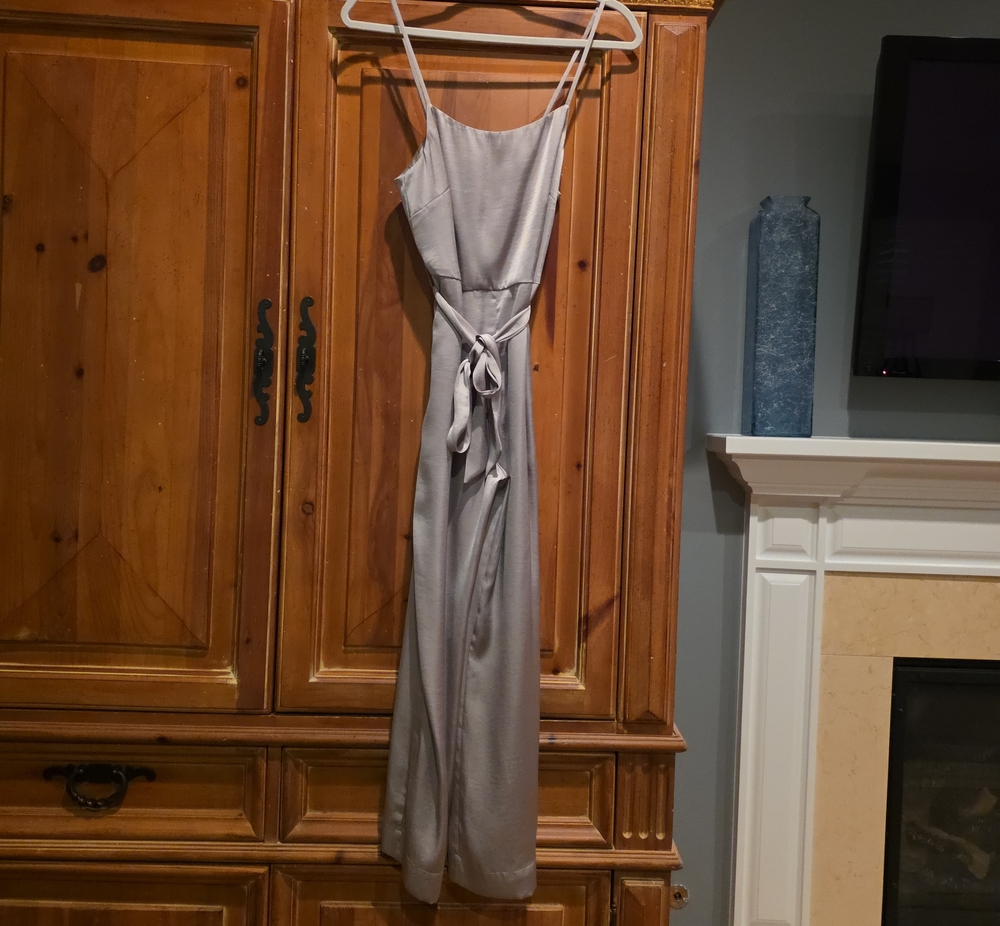 Overlover Los Angeles Satin Feel Silver Gray Jumpsuit with Waist Tie Size XS